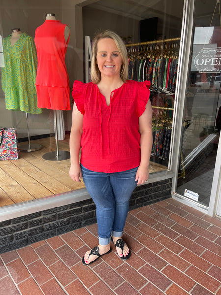 Textured Cotton Blouse with Ruffle and Self Tie