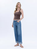 Mid Rise Cuffed Ankle Slim Wide Jeans