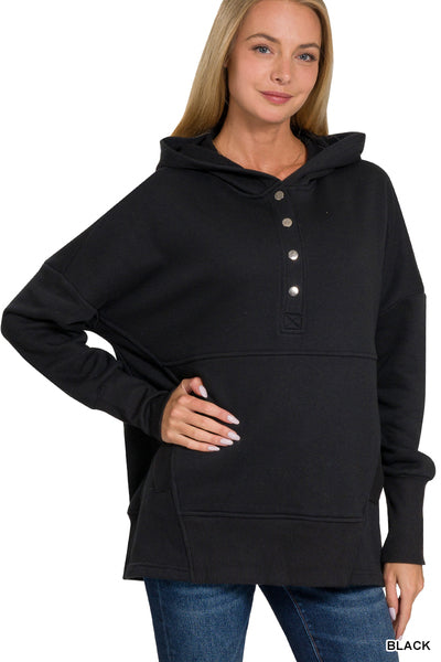 HALF BUTTON FLEECE HOODED PULLOVER - Black