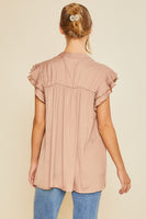 Ruffle Sleeve Shirried Shirts Flowy Woven Tunic - Cappuccino