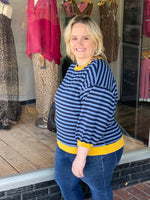 Striped Color Block 3/4 Sleeve Top - Denim