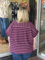 French Terry Striped Rolled Sleeve Knit Tee - Plum