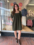 POLKA DOT CORDUROY SMOCKED MINI DRESS