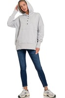 HALF BUTTON FLEECE HOODED PULLOVER - Gray