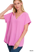 Woven Airflow V-Neck Hi-Low Hem Top