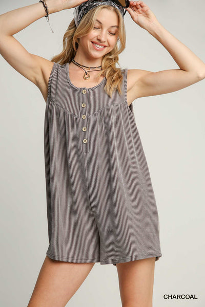 Texture Knit Fabric Mid Button Sleeveless Romper