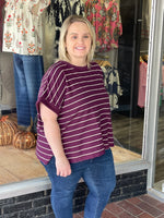 French Terry Striped Rolled Sleeve Knit Tee - Plum