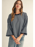 Striped 3/4 Top with Lace Sleeve - Navy