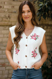 Button Down Floral Embroidery Sweater Vest
