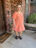 DOUBLE GAUZE RAW EDGE V-NECK DRESS - CORAL