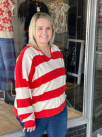 STRIPED NOTCH NECK KNIT SWEATER