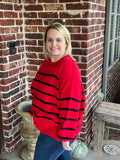 Striped Round Neck Pullover Sweater - Red