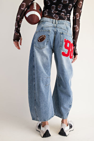 Football Patch Back Pockets Barrel Jeans