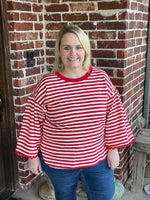 Striped 3/4 Top with Lace Sleeve - Red