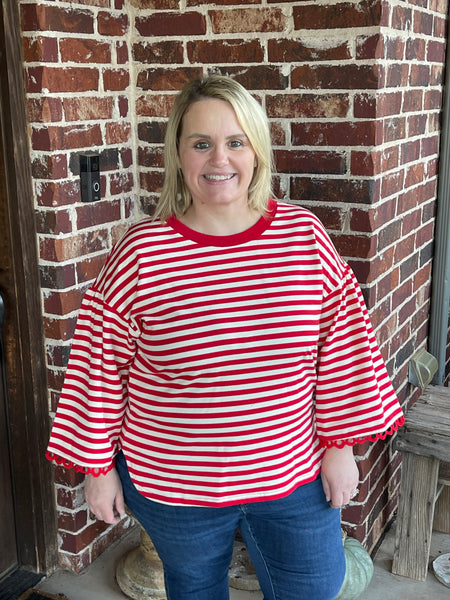 Striped 3/4 Top with Lace Sleeve - Red
