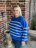 Striped Round Neck Pullover Sweater - Blue
