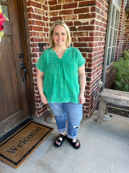 GREEN-WASHED DOUBLE GAUZE RAW EDGE SHORT SLEEVE SHIRT