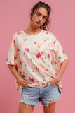 LEOPARD PRINTED FRENCH TERRY KNIT CUT EDGE SHORT SLEEVE TOP