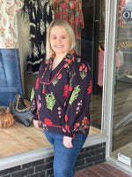 Floral Print Textured Fabric Collared Top