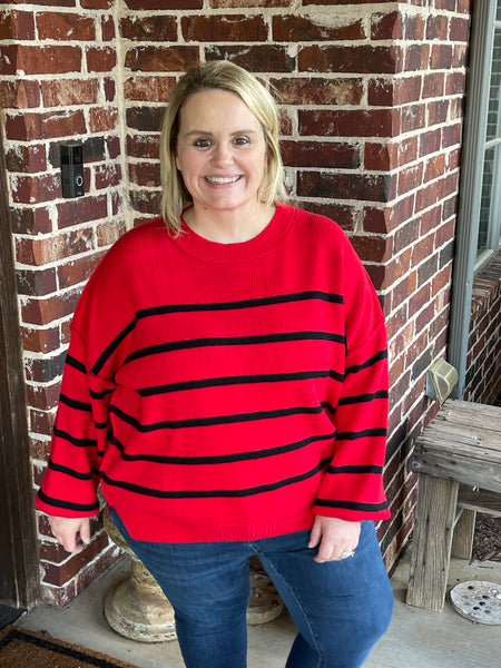 Striped Round Neck Pullover Sweater - Red