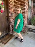 DOUBLE GAUZE RAW EDGE V-NECK DRESS - GREEN