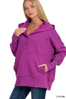 HALF BUTTON FLEECE HOODED PULLOVER - Purple