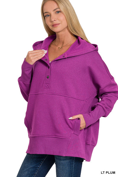 HALF BUTTON FLEECE HOODED PULLOVER - Purple