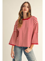 Striped 3/4 Top with Lace Sleeve - Red
