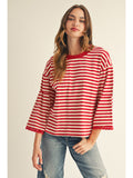 Striped 3/4 Top with Lace Sleeve - Red
