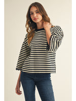 Striped 3/4 Top with Lace Sleeve - Black