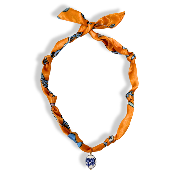 Blue Vintage Orange Scarf Bandana Necklace