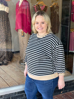 Striped Color Block 3/4 Sleeve Top - Gray