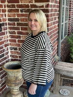 Striped 3/4 Top with Lace Sleeve - Black
