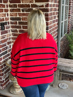 Striped Round Neck Pullover Sweater - Red