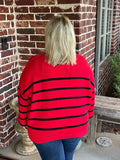 Striped Round Neck Pullover Sweater - Red