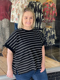 French Terry Striped Rolled Sleeve Knit Tee - Black