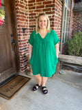 DOUBLE GAUZE RAW EDGE V-NECK DRESS - GREEN