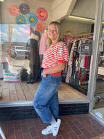 Striped Short Sleeve Sweatshirt - Red