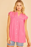 Ruffle Sleeve Shirried Shirts Flowy Woven Tunic - Pink