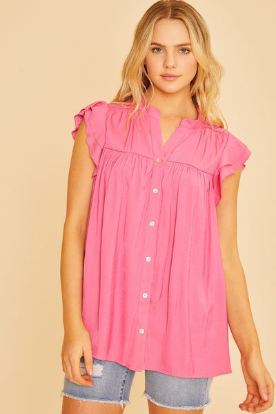 Ruffle Sleeve Shirried Shirts Flowy Woven Tunic - Pink