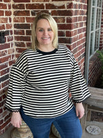 Striped 3/4 Top with Lace Sleeve - Black