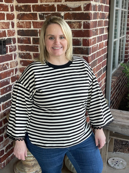 Striped 3/4 Top with Lace Sleeve - Black