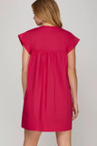 PINTUCK DETAIL MINI DRESS WITH POCKETS