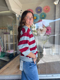 Bold Stripe 3/4 Sleeve Top - Crimson/Blue