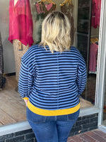 Striped Color Block 3/4 Sleeve Top - Denim