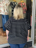 French Terry Striped Rolled Sleeve Knit Tee - Black