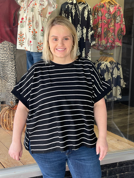French Terry Striped Rolled Sleeve Knit Tee - Black