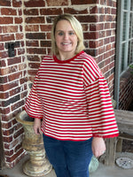 Striped 3/4 Top with Lace Sleeve - Red