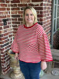 Striped 3/4 Top with Lace Sleeve - Red