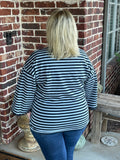 Striped 3/4 Top with Lace Sleeve - Navy